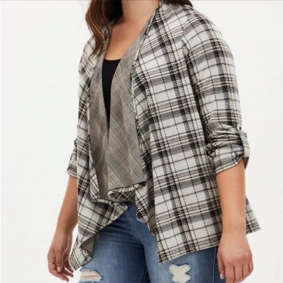 Torrid | Plaid Double Knit Drape Front Cardigan / Jacket - Picture 3 of 12